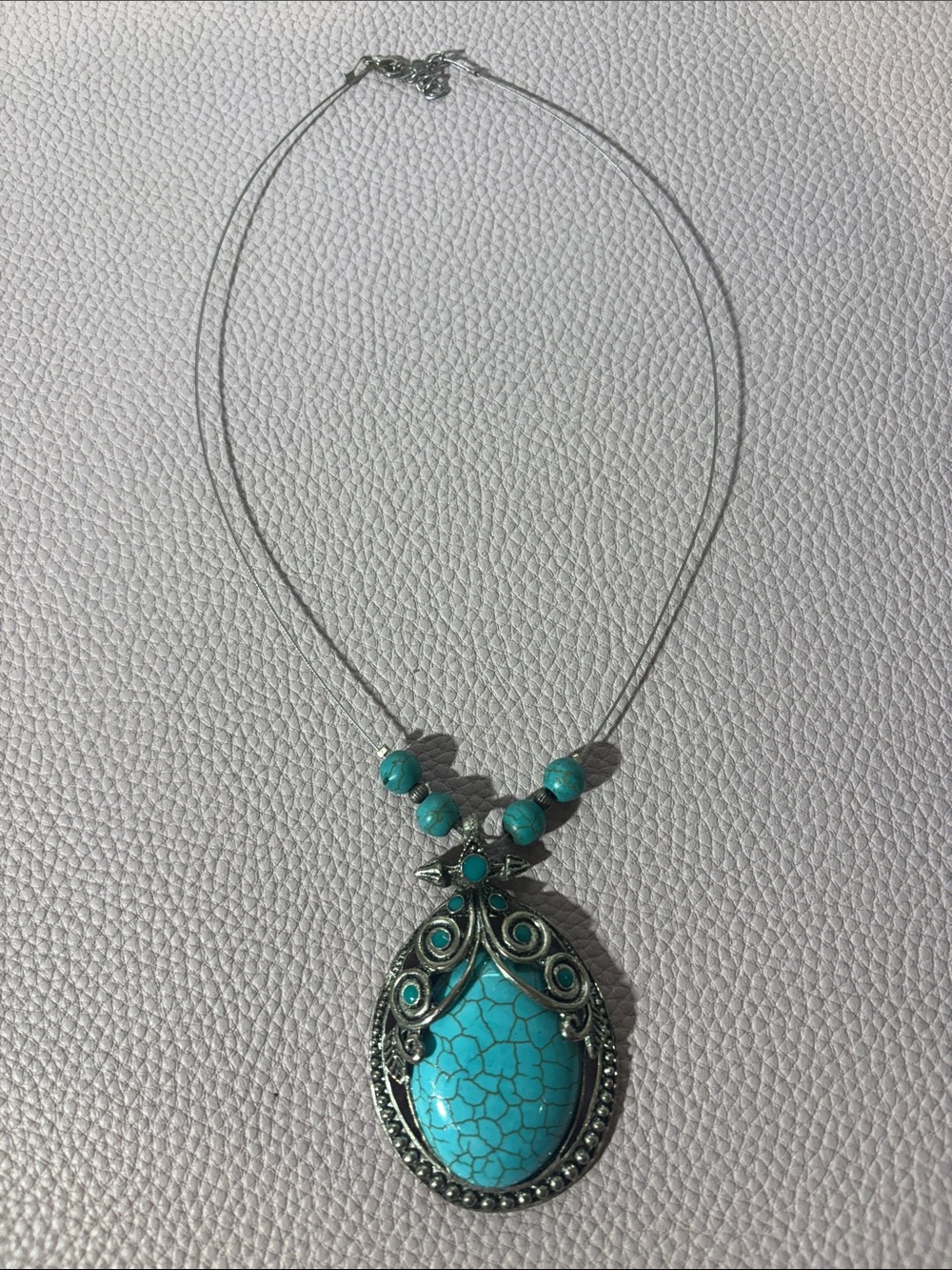 Turquoise Oval Pendant Silver Boho Western Necklace
